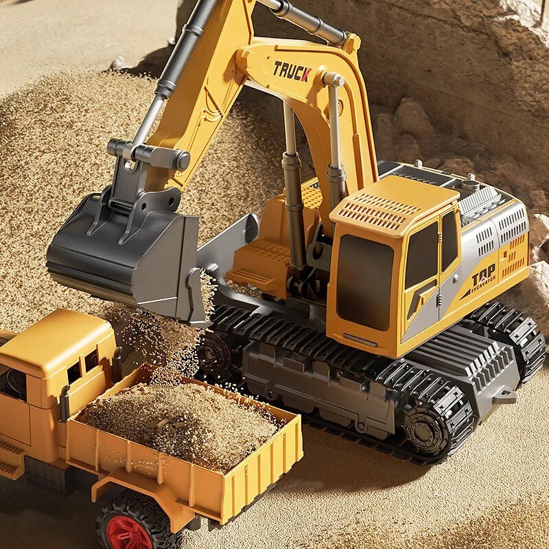 Alloy RC Excavator Toy alongside a construction truck for cooperative building-site play.