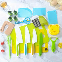 Kids Cooking Cutter and Knife Set with Peeler displayed together for safe pretend food prep play.