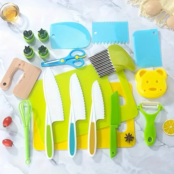 Kids Cooking Cutter and Knife Set with Peeler displayed together for safe pretend food prep play.