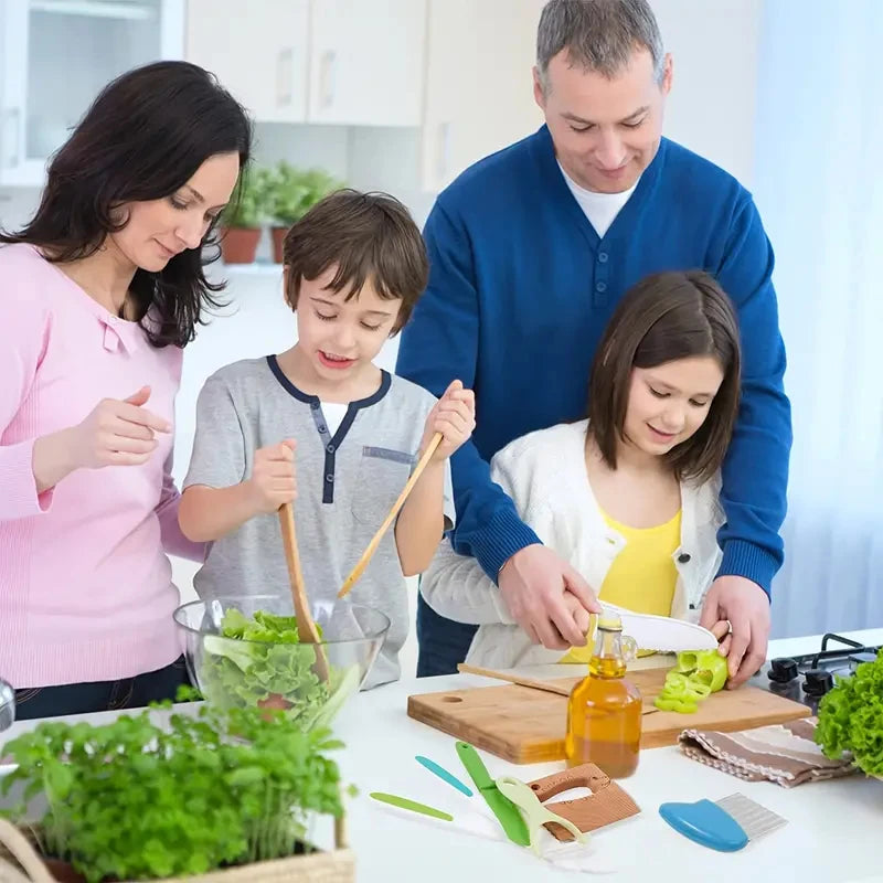 Kids Cooking Cutter and Knife Set used by a family preparing food together in the kitchen.