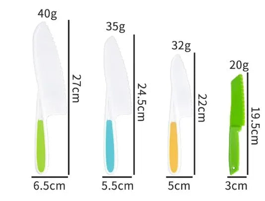 Kids Cooking Cutter and Knife Set showing four knife sizes for a complete toddler training kit.