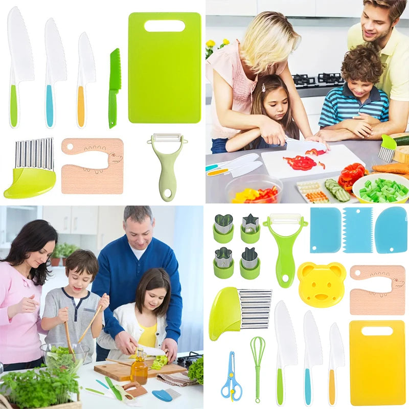 Kids Cooking Cutter and Knife Set shown in a lifestyle collage of family cooking and pretend play.