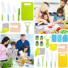 Kids Cooking Cutter and Knife Set shown in a lifestyle collage of family cooking and pretend play.