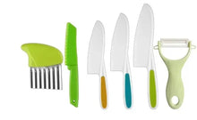 Kids Cooking Cutter and Knife Set with a peeler for meal prep practice and pretend cooking.
