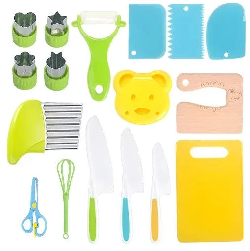 Kids Cooking Cutter and Knife Set styled for Montessori kitchen learning with colorful tools.
