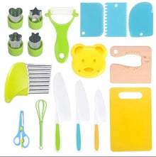 Kids Cooking Cutter and Knife Set styled for Montessori kitchen learning with colorful tools.
