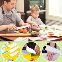 Kids Cooking Cutter and Knife Set used by parent and child, featuring safety knives and protective gloves.