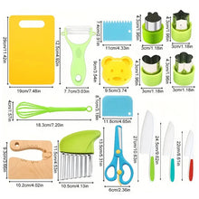 Kids Cooking Cutter and Knife Set shown with size measurements for choosing the right toddler tool kit.