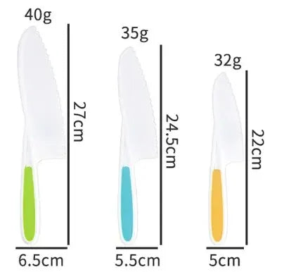 Kids Cooking Cutter and Knife Set showing three knife sizes for age-appropriate food prep play.