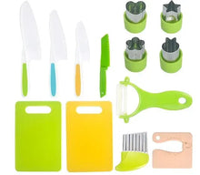 Kids Cooking Cutter and Knife Set with veggie cutters and tools for beginner chef pretend play.