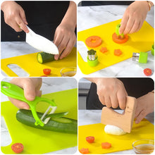 Kids Cooking Cutter and Knife Set demonstrated on a yellow cutting board for safe food prep practice.