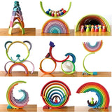 A collage of colorful wooden toys, including arches, a bicycle, and rings, on a wooden surface.