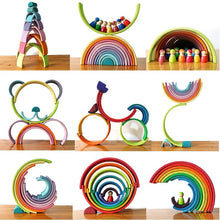A collage of colorful wooden toys, including arches, a bicycle, and rings, on a wooden surface.