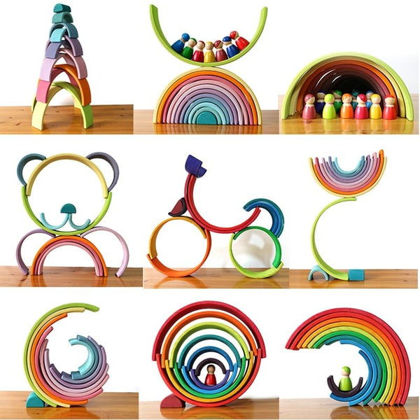 A collage of colorful wooden toys, including arches, a bicycle, and rings, on a wooden surface.