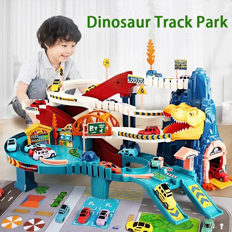 Child playing with a dinosaur-themed toy track set on a play mat.