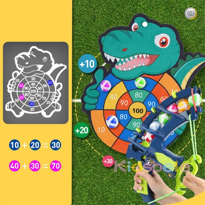 Dinosaur-themed dartboard game with a target diagram.