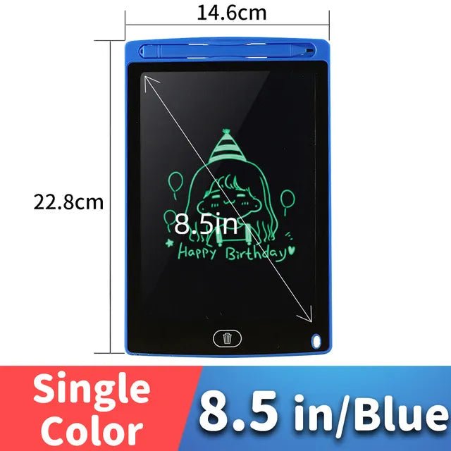 8.5-inch blue digital drawing tablet with measurements and a sample drawing