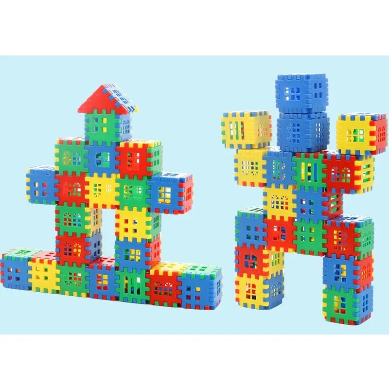 Colorful building blocks stacked into various shapes.