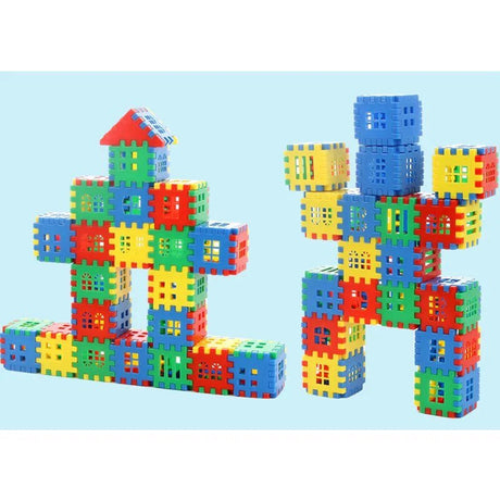 Colorful building blocks stacked into various shapes.