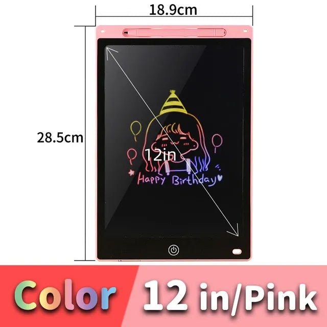 Pink electronic doodle board with dimensions and a sample drawing.