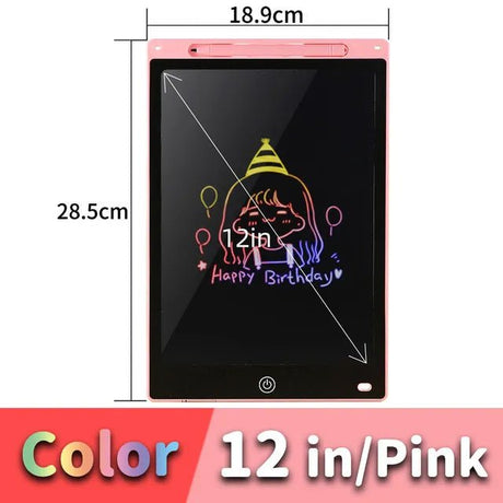 Pink electronic doodle board with dimensions and a sample drawing.