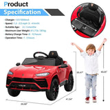 Red toy car with specifications and a child for scale