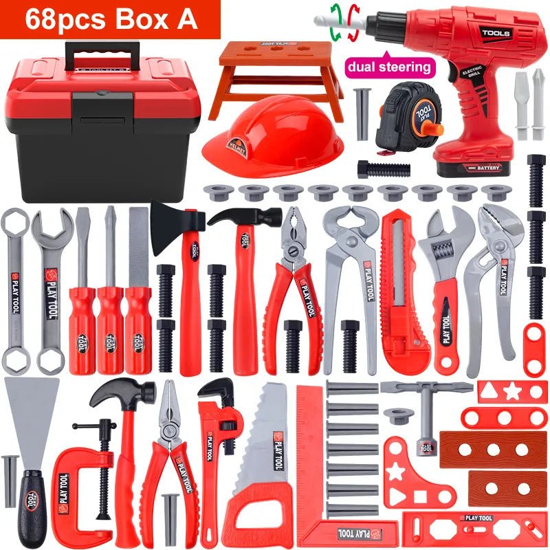 Set of tools including a toolbox, drill, helmet, and various hand tools.