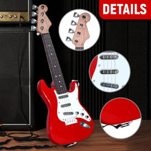 Kids 4-String Electric Guitar Toy in red shown close up to highlight its strings and body details.