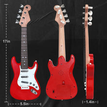 Kids 4-String Electric Guitar Toy in red with size measurements shown for choosing the right fit.