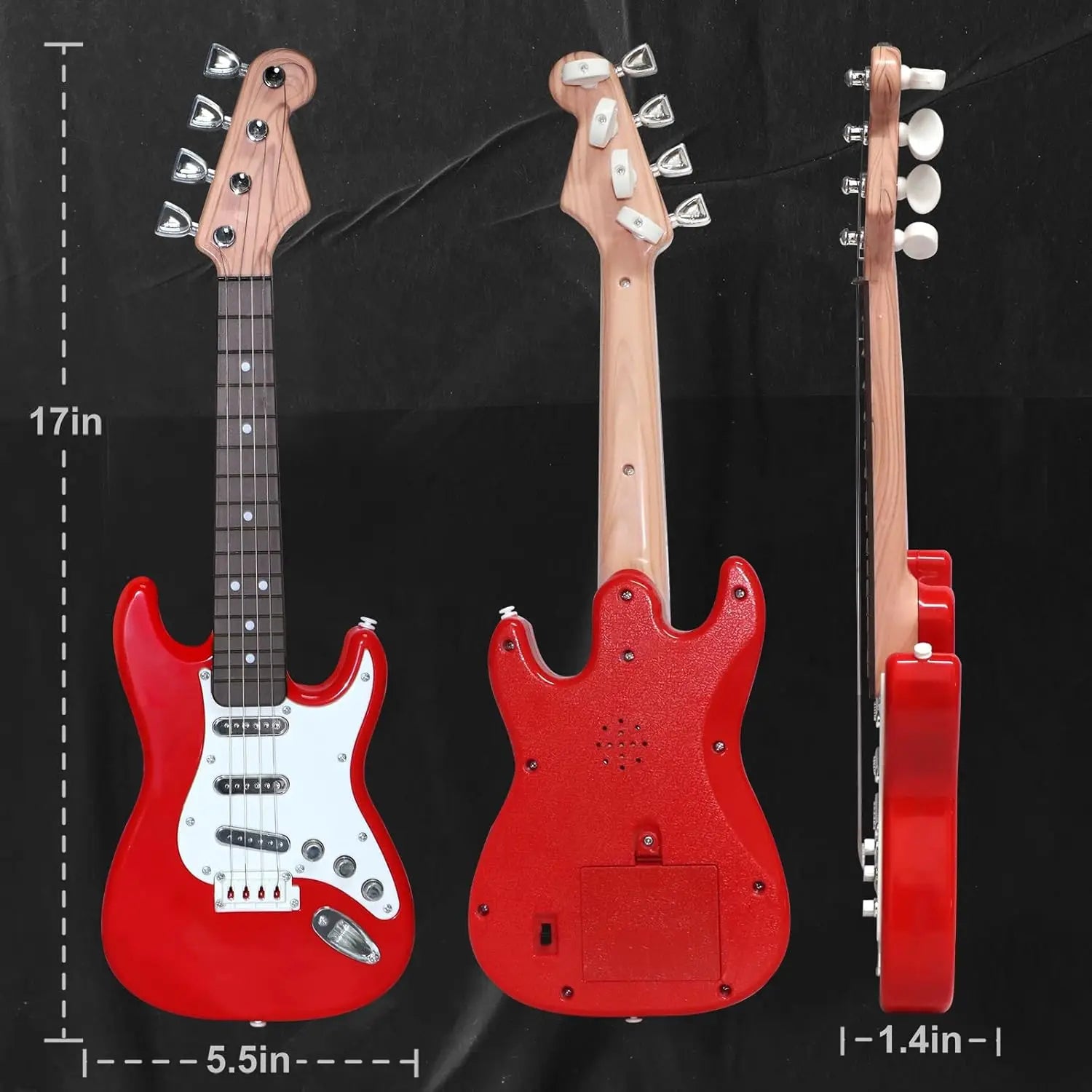 Kids 4-String Electric Guitar Toy in red with size measurements shown for choosing the right fit.