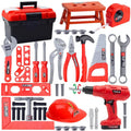 Collection of red and black tools including a toolbox, hammer, wrenches, and drill.