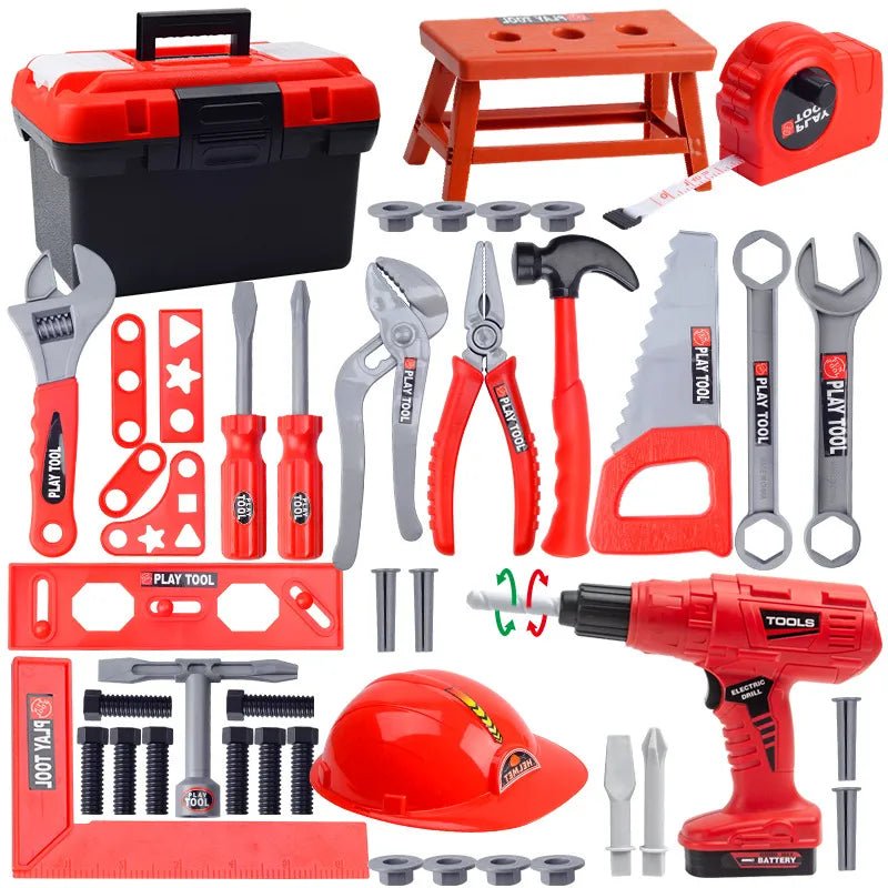 Collection of red and black tools including a toolbox, hammer, wrenches, and drill.