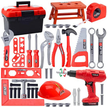 Collection of red and black tools including a toolbox, hammer, wrenches, and drill.