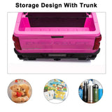 Pink Chevrolet truck bed with storage design, showing items like teddy bears, books, and bottles.
