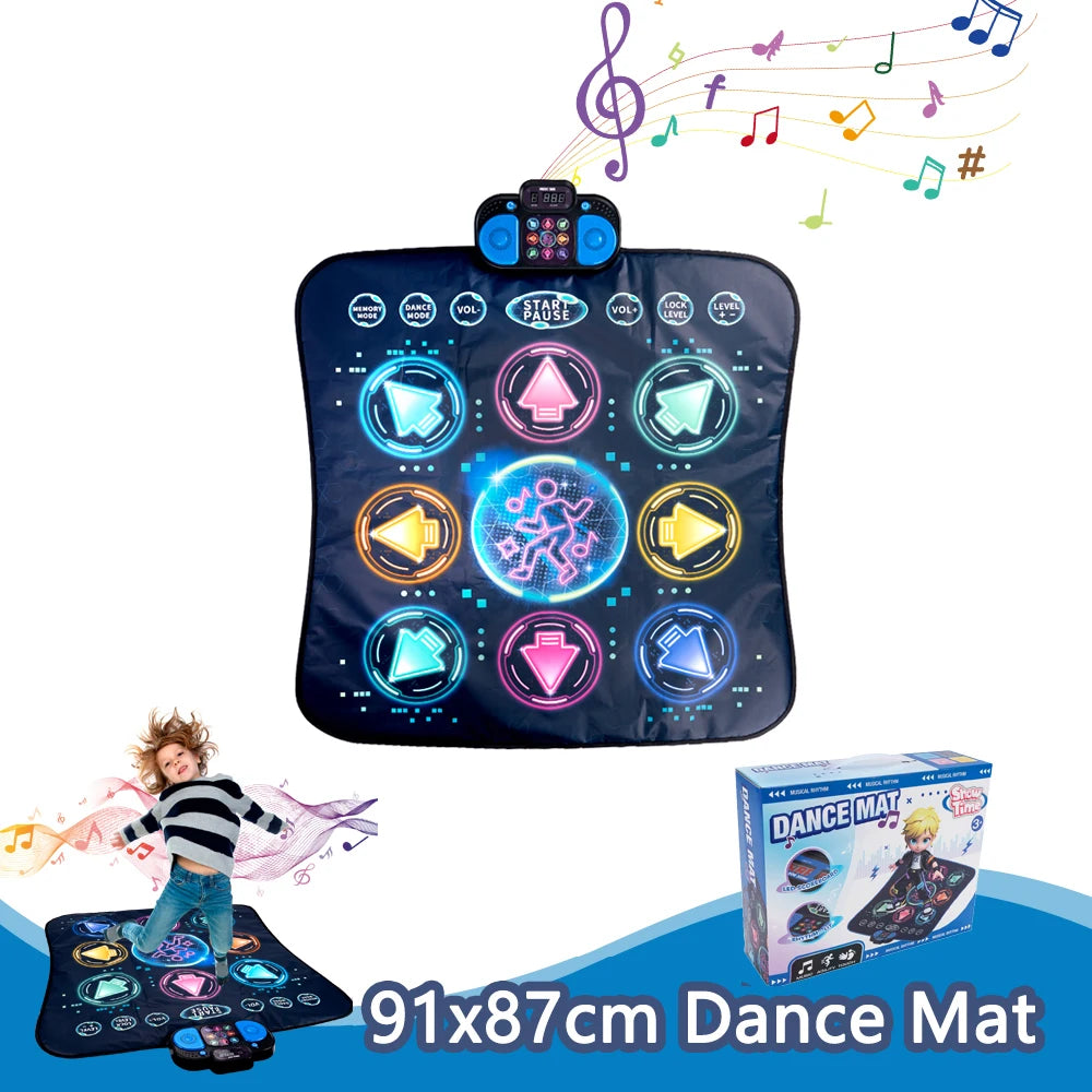 Kids Electronic Dance Mat with colorful buttons shown alongside its retail packaging box.
