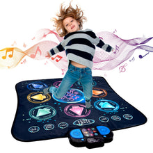 Kids Electronic Dance Mat colorful design with music notes as a child enjoys dancing games.