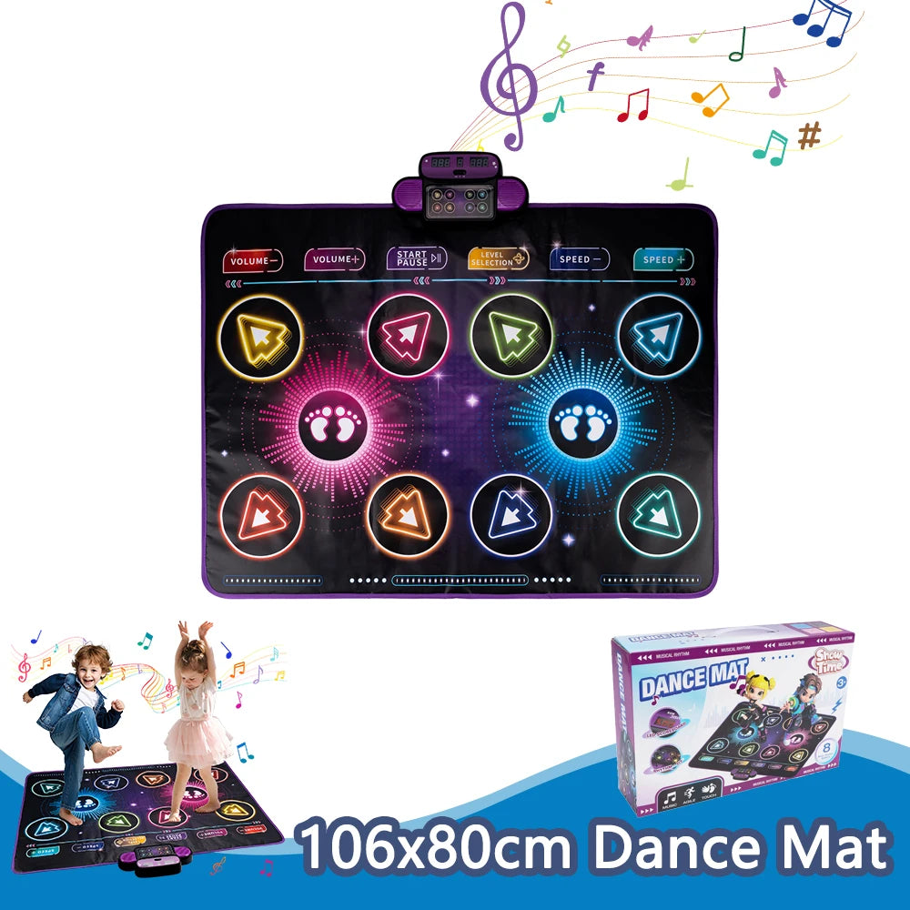 Kids Electronic Dance Mat with colorful step symbols shown alongside its packaging box.