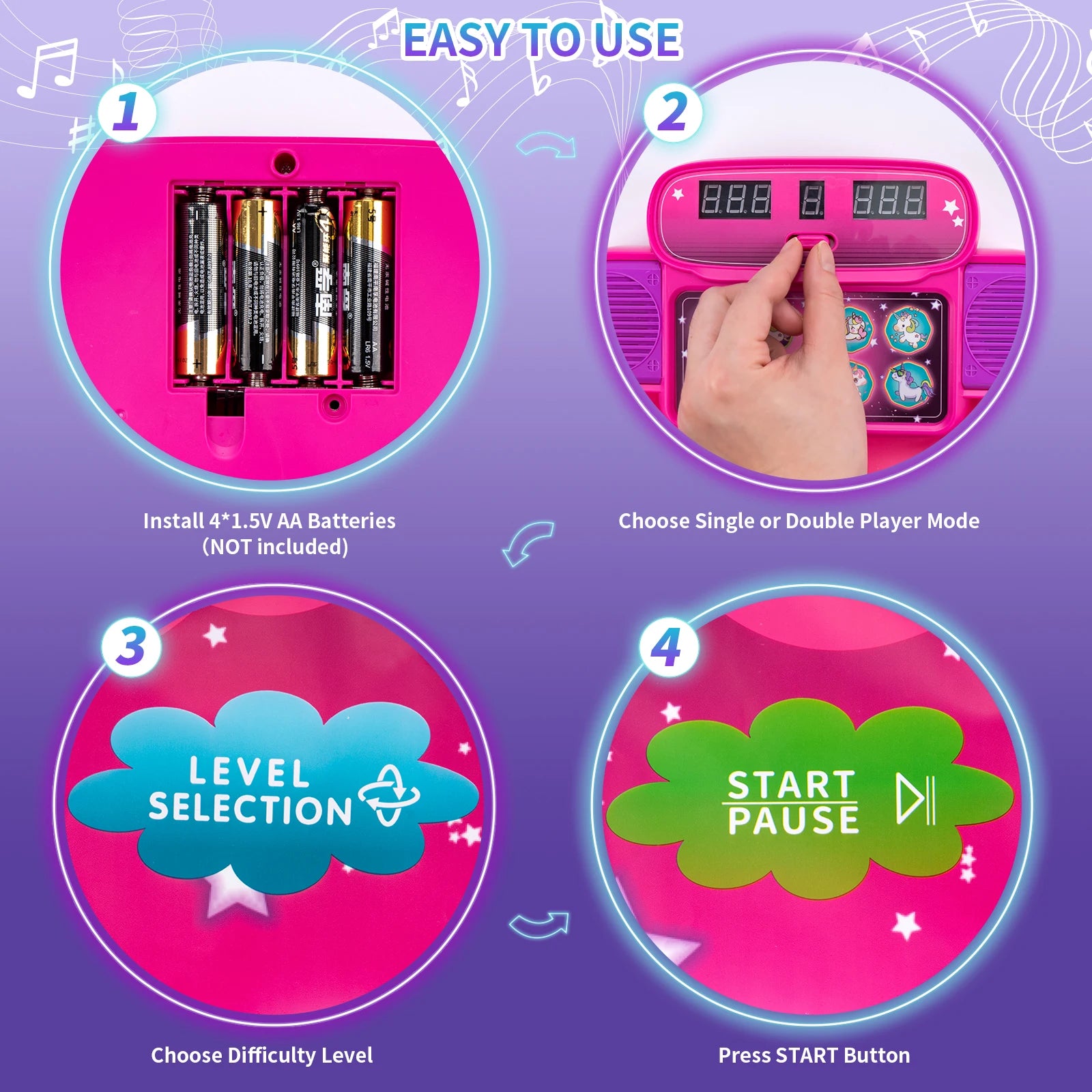 Kids Electronic Dance Mat instructions guide showing how to set up two-player music games.