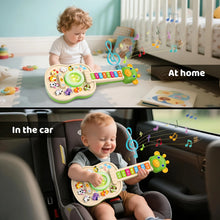 Two scenes of a baby playing the giraffe toy guitar at home and in a car seat