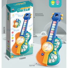 Blue and orange toy guitar with its box marked 425 mm by 190 mm by 58 mm