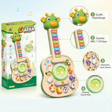 Giraffe guitar box and guitar with callouts for giraffe head, ABC 123 keys, farm animals and glowing sound hole