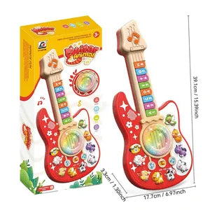 Red animal toy guitar with its box and size marks of 39.1 cm by 17.7 cm by 3.3 cm