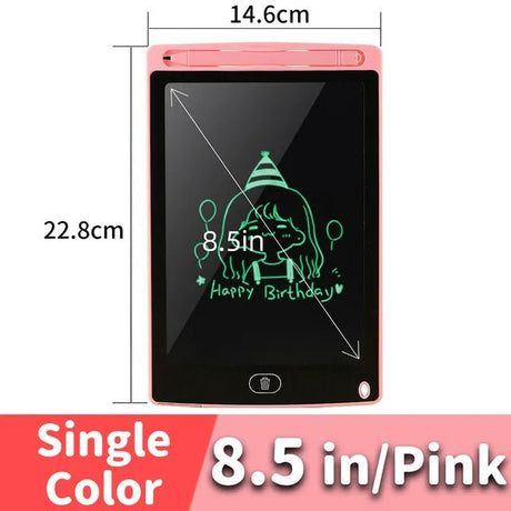 8.5-inch pink electronic writing pad with measurements and a sample drawing