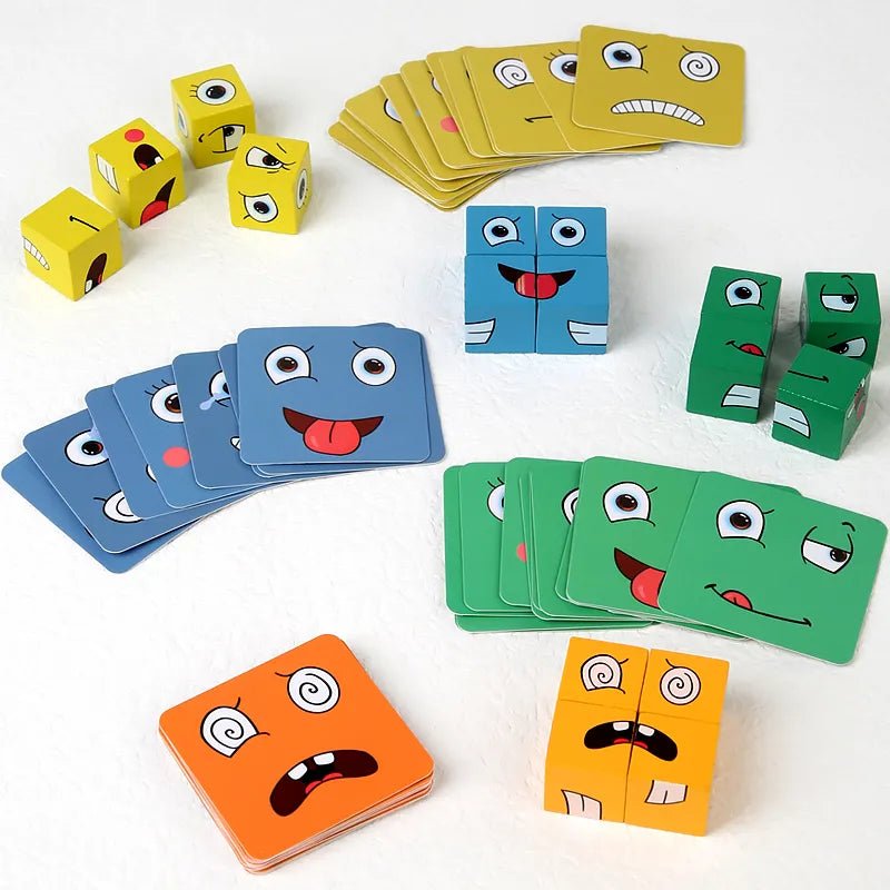 Colorful card and dice set with cartoon face designs 