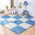 Kids Foam Puzzle Play Mat in blue and white checkered pattern covering a playroom floor for safe indoor play.