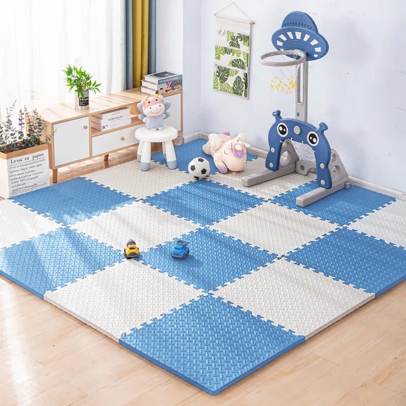 Kids Foam Puzzle Play Mat in blue and white checkered tiles for a soft exercise floor.