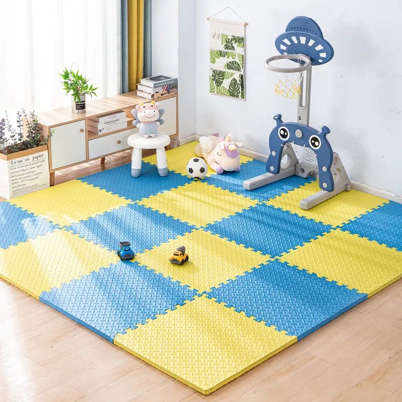 Kids Foam Puzzle Play Mat in blue and yellow tiles for a home exercise floor with play gym.