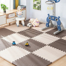 Kids Foam Puzzle Play Mat interlocking tiles providing floor cushioning for a furnished playroom.