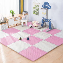 Kids Foam Puzzle Play Mat in pink and white checkered tiles styled with toys in a child's room.