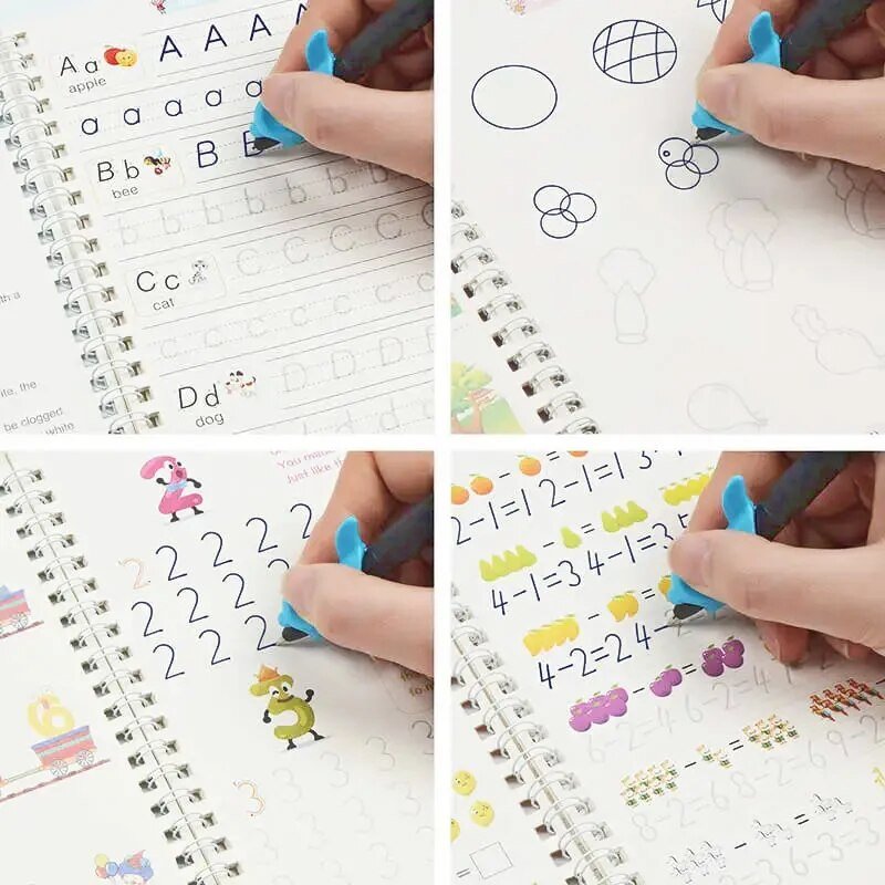 Kids Reusable Handwriting Workbook eraser tool used on worksheets for repeatable letter and number tracing.